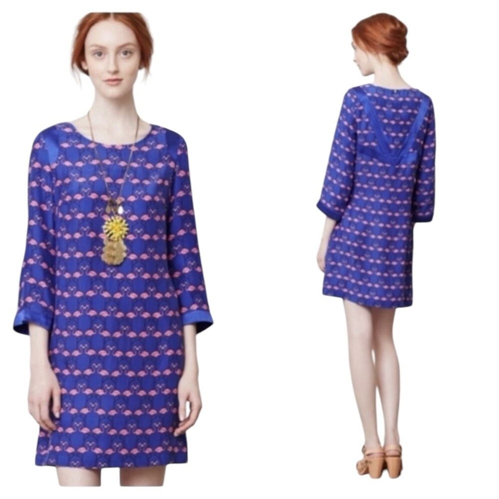 Anthropologie Harlyn Flamingo Shift Dress Medium Silk Rare Bird Print 3/4 Sleeve